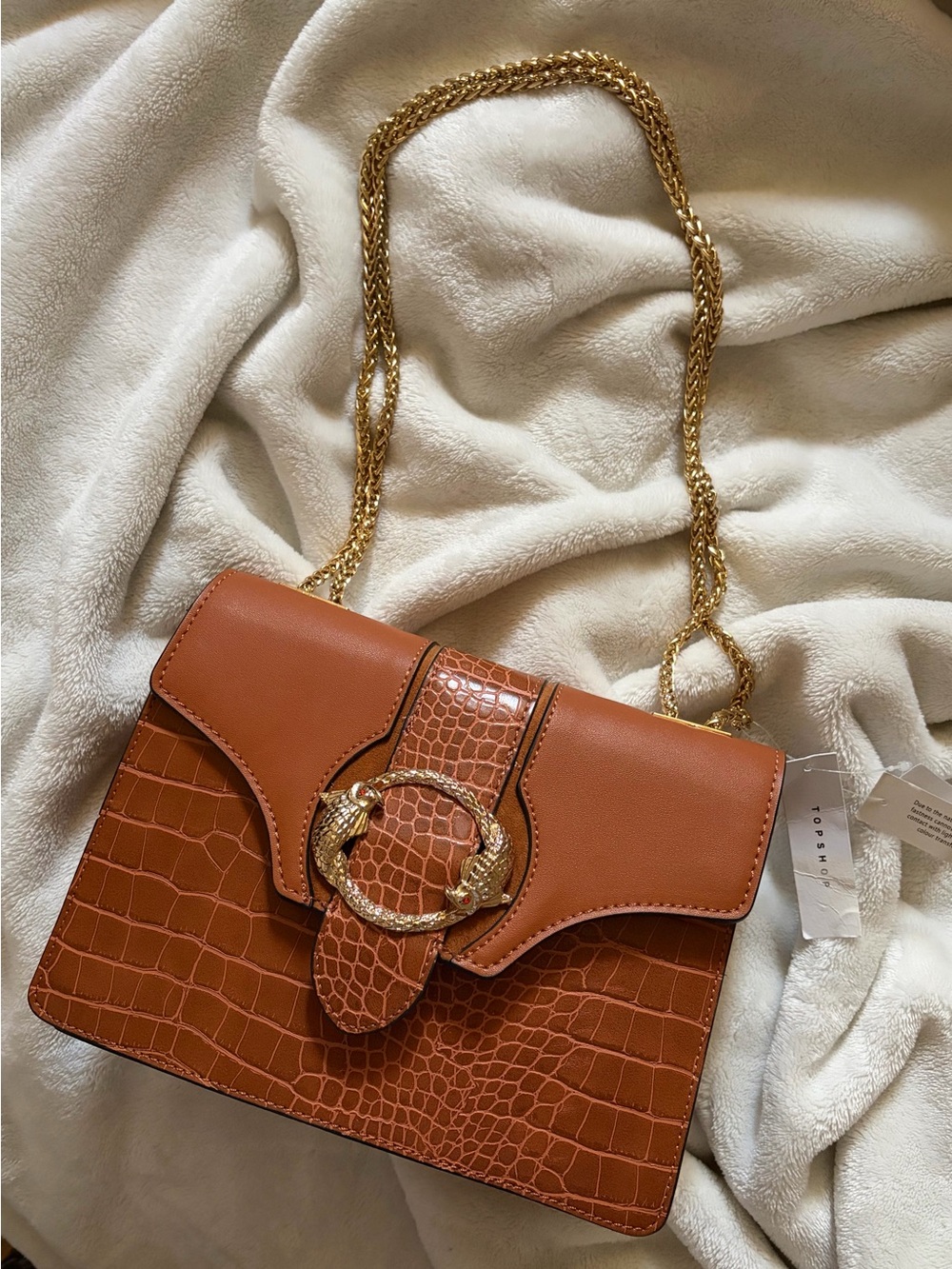 Topshop Chestnut Croc-Embossed Shoulder Bag with Gold Chain